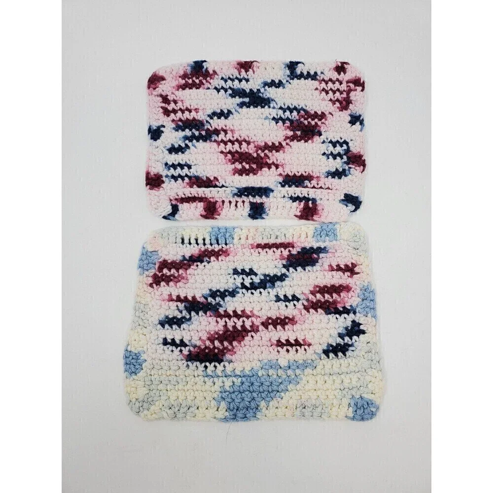 VINTAGE HANDMADE CROCHET POT HOLDER LOT OF 7 PINK GREEN BLUE 1970S 1980S